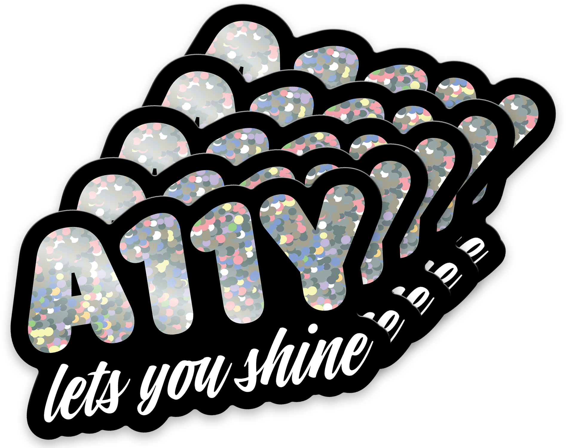 5 die-cut glitter stickers with the text ‘A11Y makes you shine’. ‘A11Y’ in a rounded font and glitters, ‘makes you shine’ in a white script font on a black background.